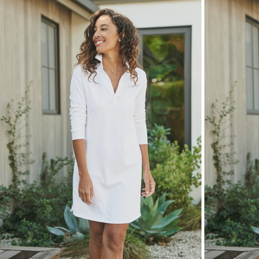 Frank & Eileen Long Sleeve Polo Dress in White. Size S